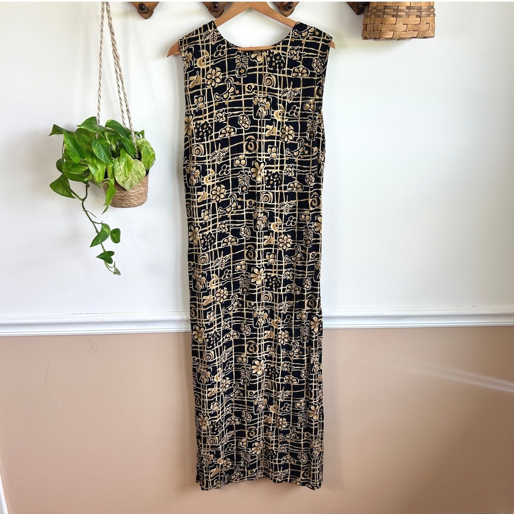Sag Harbor Vintage Black Tan Floral Grid Sleeveless Maxi Dress with Waist Tie